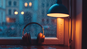Quiet rainy window study desk for instrumental focus music