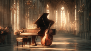 Piano and cello worship instrumental image in a warm church setting