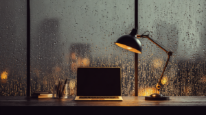 Quiet study desk beside a rainy window for rain sound focus music