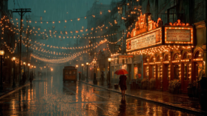 Rainy swing jazz playlist with vintage city lights and cozy night mood