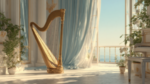 Harp in a peaceful seaside room for Christian instrumental worship