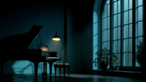 Grand piano in a quiet blue room for deep focus study music