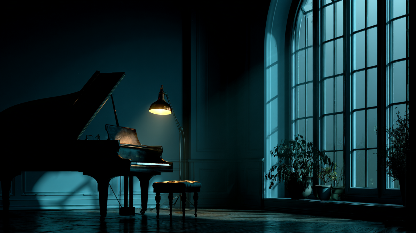 Grand piano in a quiet blue room for deep focus study music