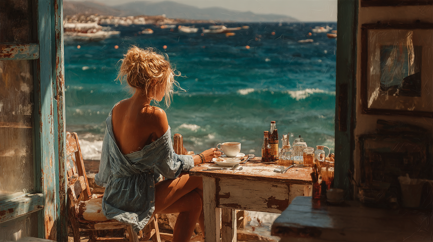 Woman enjoying coffee at a seaside terrace café for a bossa swing jazz playlist