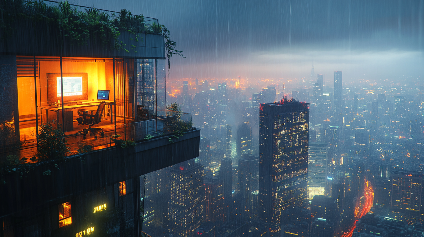 Warm rooftop workspace overlooking a rainy city at night