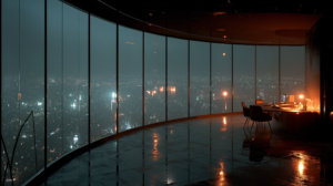 Rainy observatory workspace overlooking the city for deep focus ambient music
